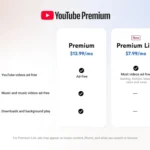Biểu đồ so sánh các gói đăng ký YouTube Premium Lite và YouTube Premium