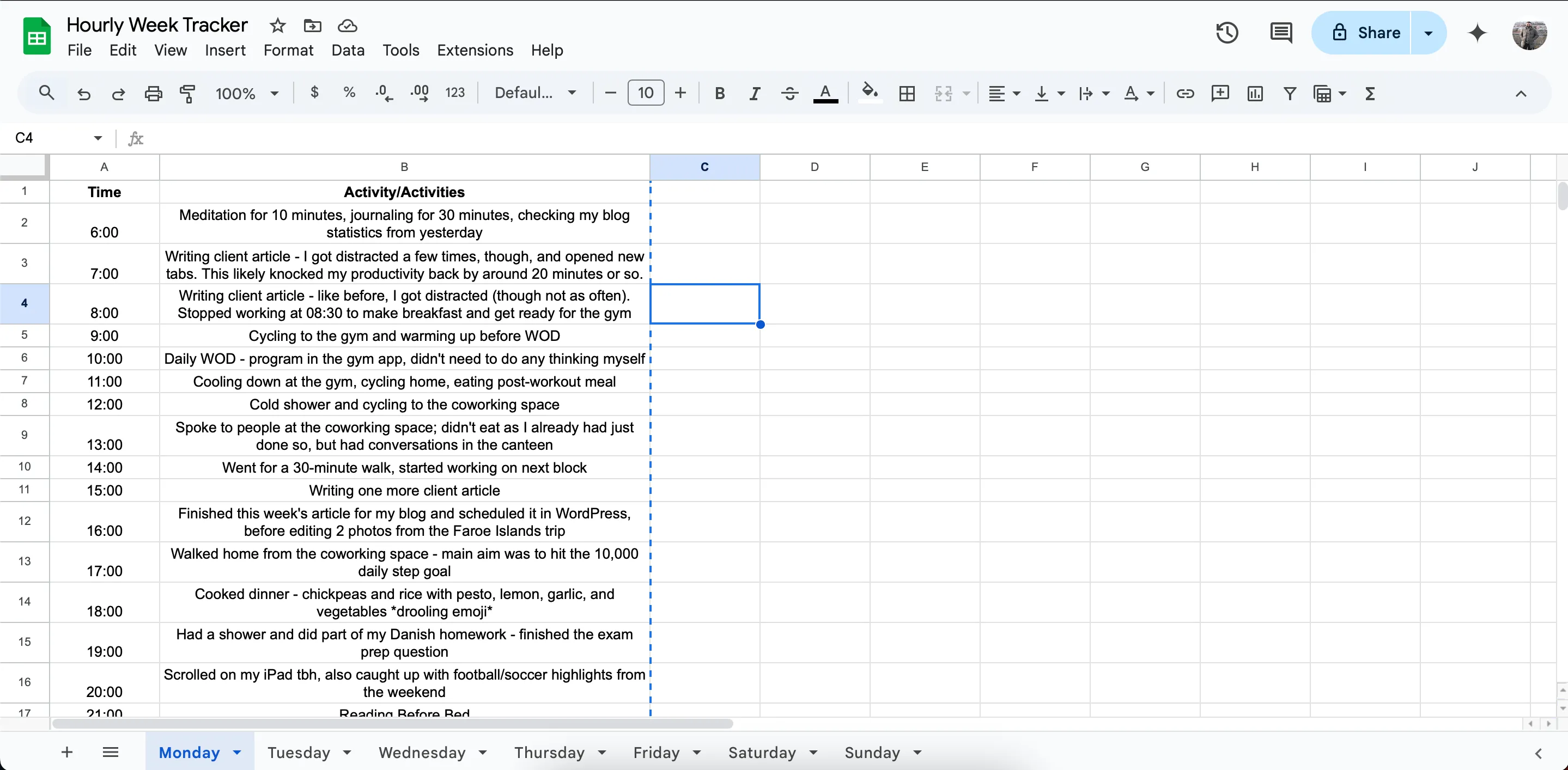 Biểu đồ theo dõi thời gian buổi sáng Thứ Hai của tôi trên ứng dụng Google Sheets.