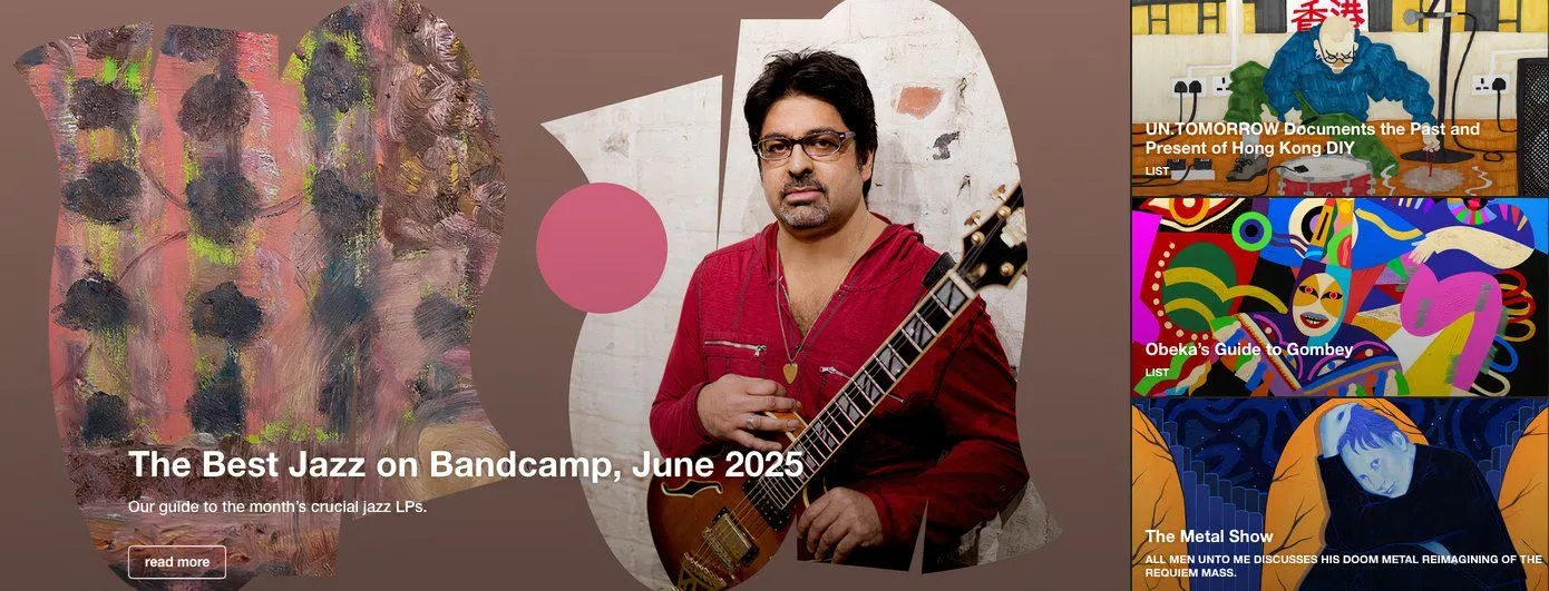 Biểu ngữ website Bandcamp, một nền tảng âm nhạc ưu tiên sự minh bạch và hỗ trợ nghệ sĩ độc lập, giúp người dùng dễ dàng tránh nhạc AI.