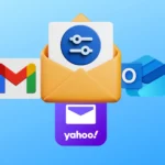 Biểu tượng email với bộ lọc, cùng logo Gmail, Yahoo Mail và Outlook minh họa việc sử dụng nhiều tài khoản email để mua sắm ẩn danh và bảo vệ quyền riêng tư cá nhân.