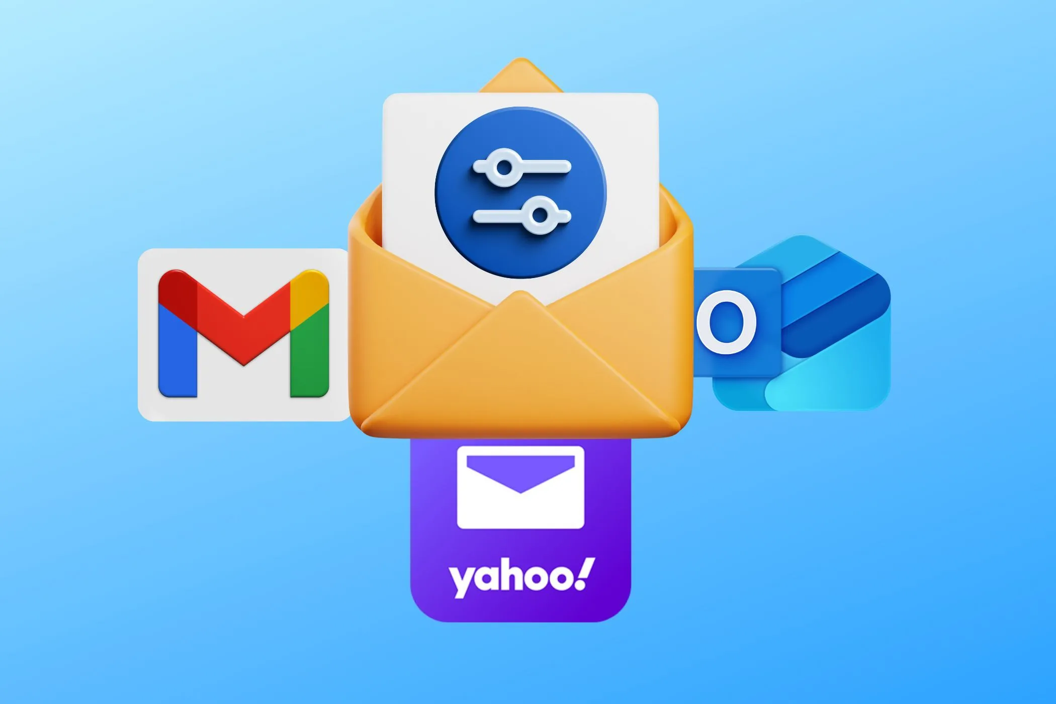 Biểu tượng email với bộ lọc, cùng logo Gmail, Yahoo Mail và Outlook minh họa việc sử dụng nhiều tài khoản email để mua sắm ẩn danh và bảo vệ quyền riêng tư cá nhân.
