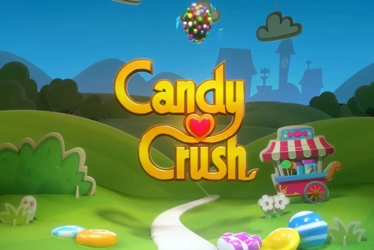 Biểu tượng game Candy Crush Saga trên nền xanh lá vui nhộn