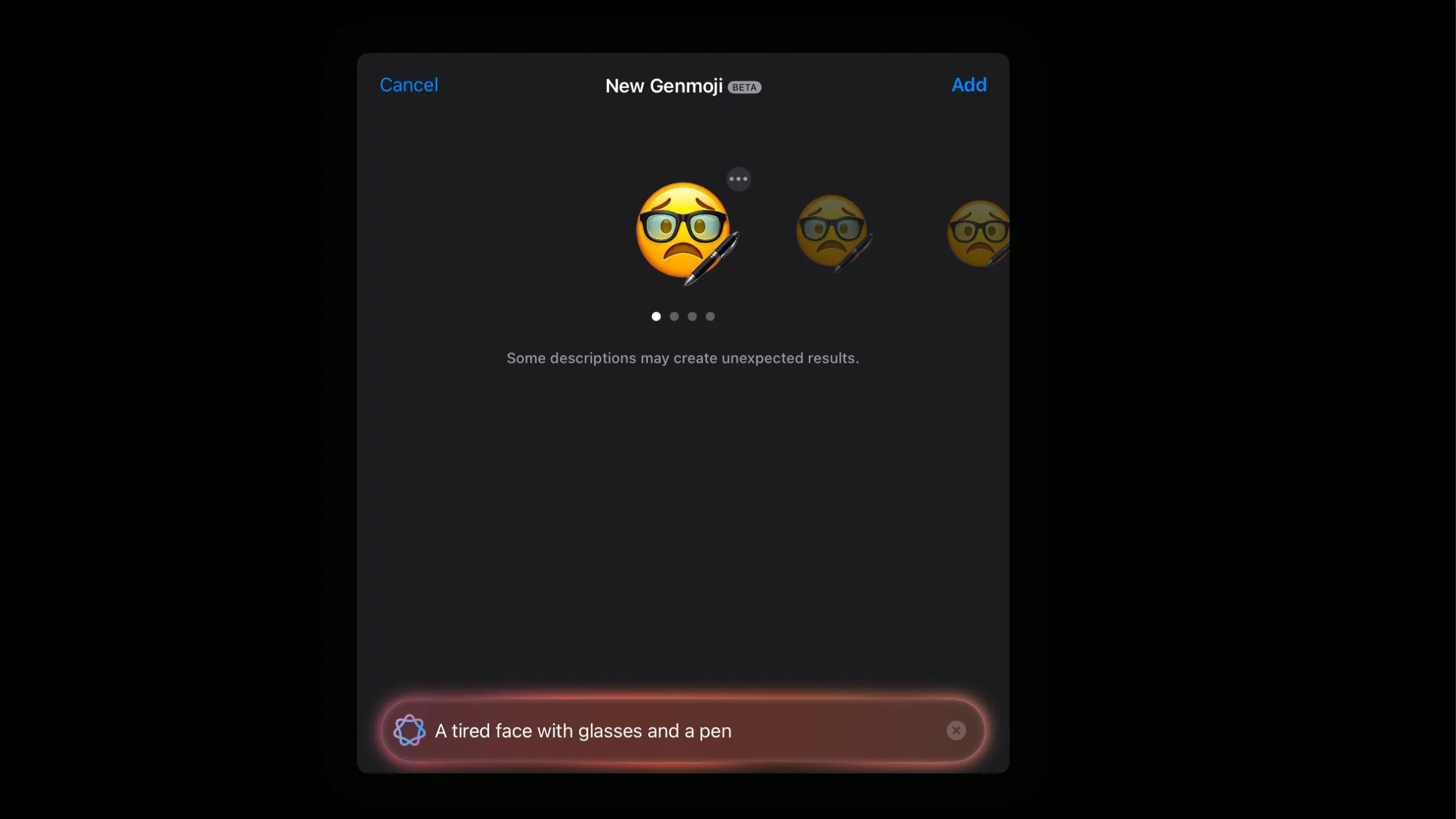 Biểu tượng Genmoji khuôn mặt mệt mỏi có kính và bút, khác biệt so với emoji iOS
