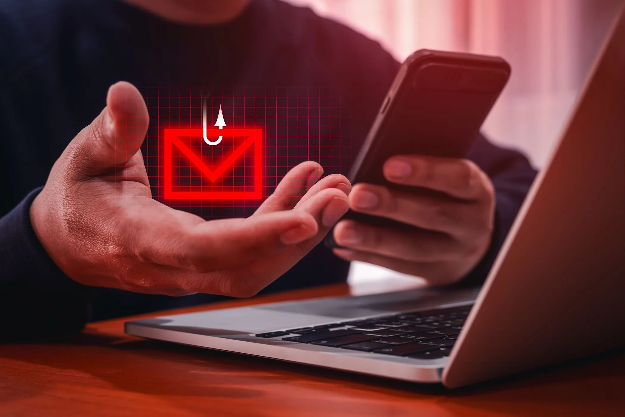 Biểu tượng tin nhắn lừa đảo (smishing) cạnh máy tính xách tay thể hiện nguy cơ lừa đảo trực tuyến