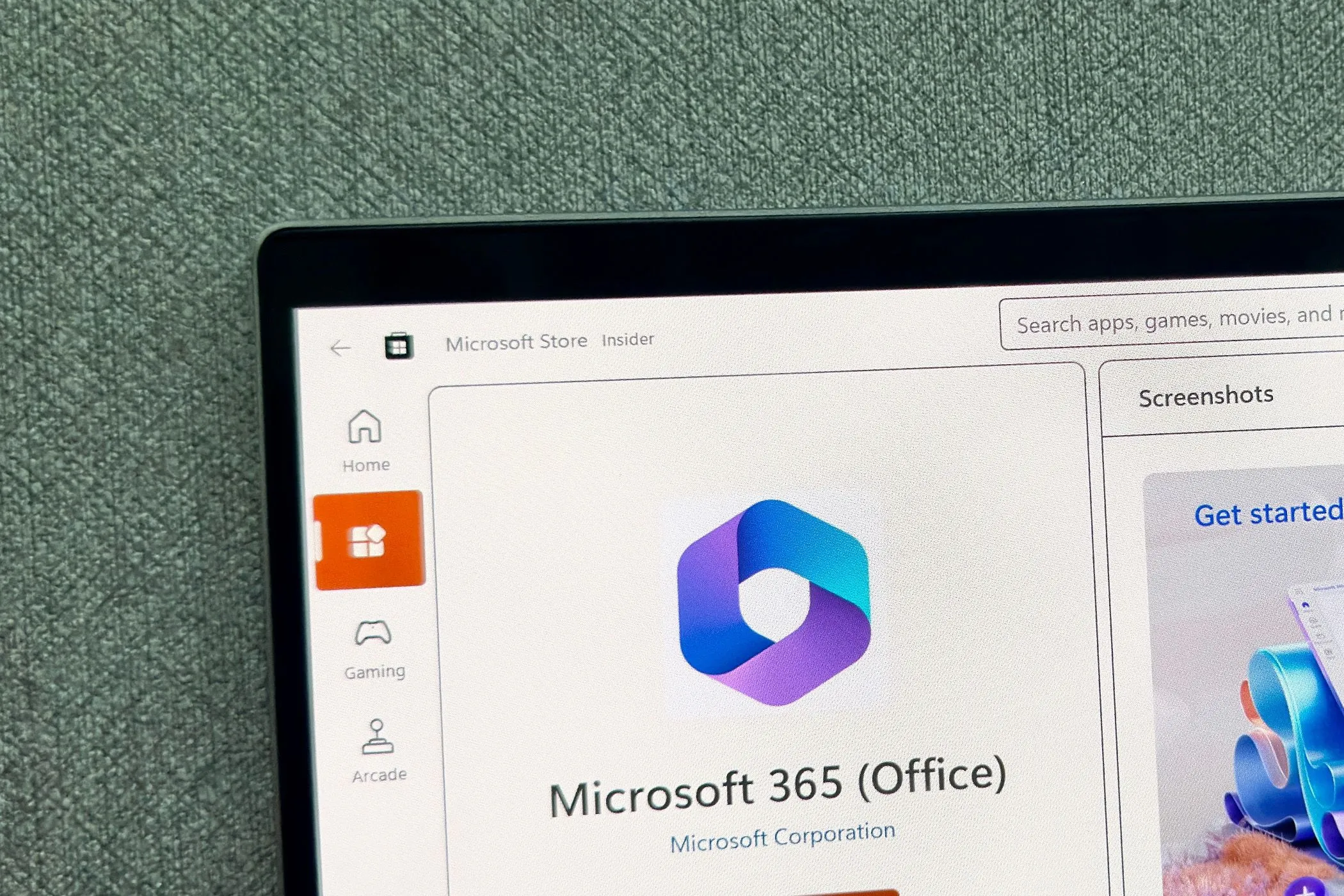 Biểu tượng ứng dụng Microsoft 365 trên màn hình Microsoft Store, cho phép tải Office miễn phí