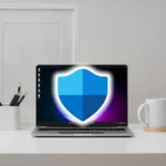 Biểu tượng Windows Security trên màn hình laptop minh họa tính năng bảo mật tích hợp.