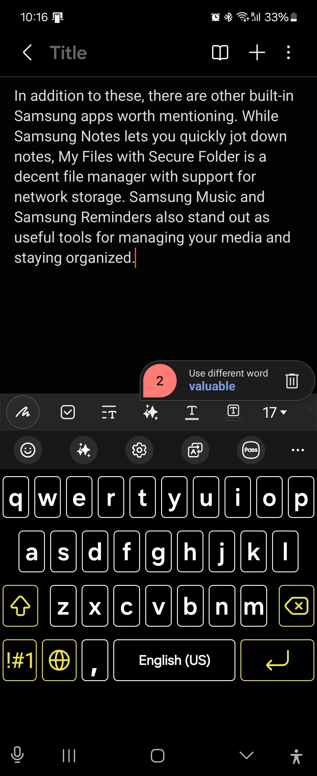 Bố cục bàn phím Samsung Keyboard đang được sử dụng trong ứng dụng Samsung Notes, thể hiện sự sắp xếp phím hợp lý và dễ thao tác.