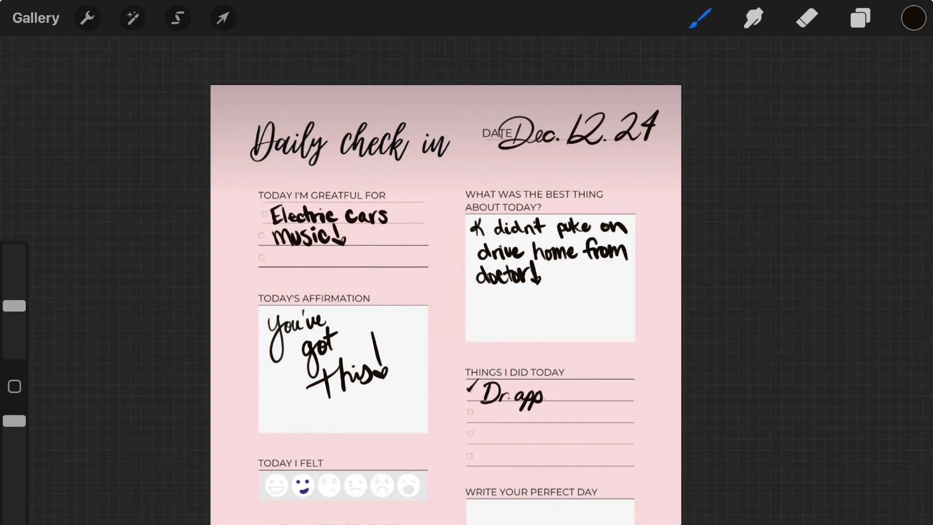Bố cục nhật ký kỹ thuật số với chữ viết tay trên ứng dụng Procreate.