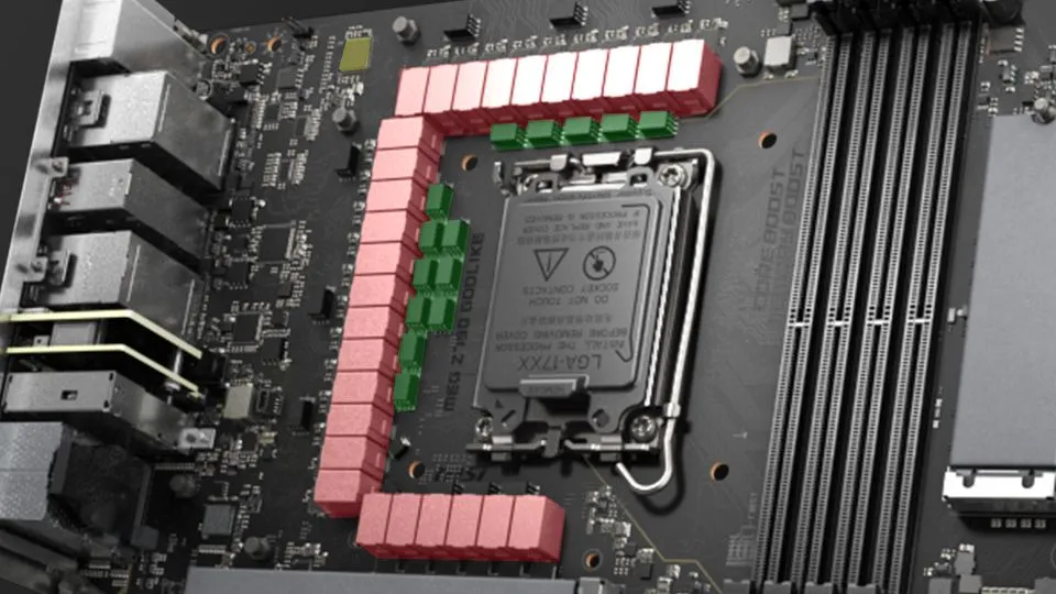 Bo mạch chủ MSI MEG Z790 với các VRM được đánh dấu màu đỏ