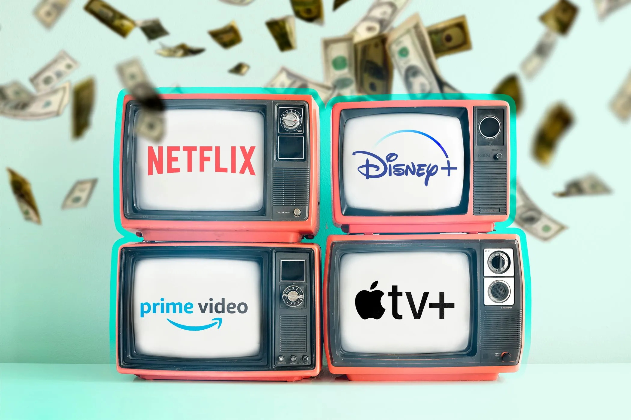 Bốn chiếc Smart TV hiển thị logo dịch vụ streaming và tiền rơi xuống, minh họa việc dữ liệu người dùng được dùng để tạo doanh thu