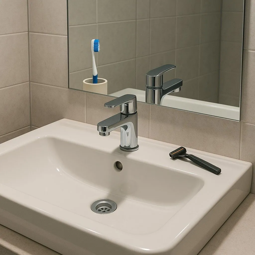 Bồn rửa mặt hiện đại trong ảnh của ChatGPT 4o, phản chiếu gương tốt hơn nhưng bàn chải đánh răng lại không có trong thế giới thực.