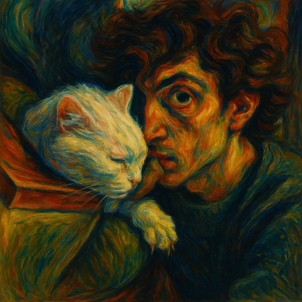 Bức tranh phong cách Expressionism của một người đàn ông với chú mèo trắng