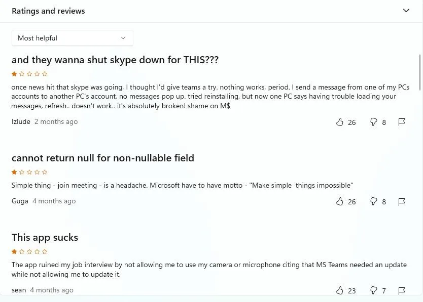 Các bình luận của người dùng chỉ trích Microsoft Teams trên Microsoft Store về hiệu năng