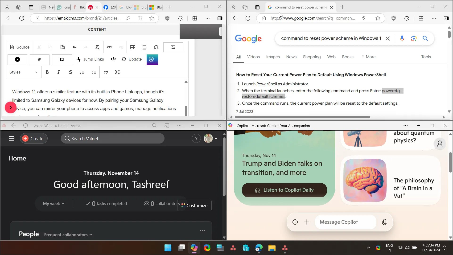 Các bố cục Snap Layouts trên Windows 11 sắp xếp bốn cửa sổ ứng dụng gọn gàng trên màn hình