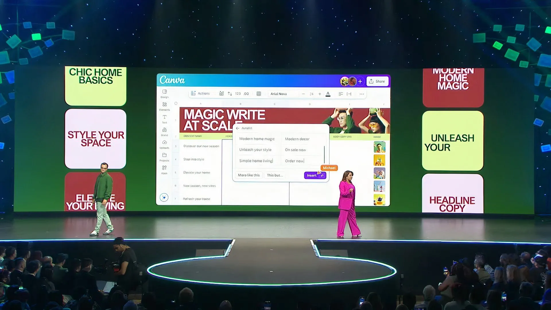 Các diễn giả giải thích về Magic Studio at Scale trên màn hình sự kiện Canva