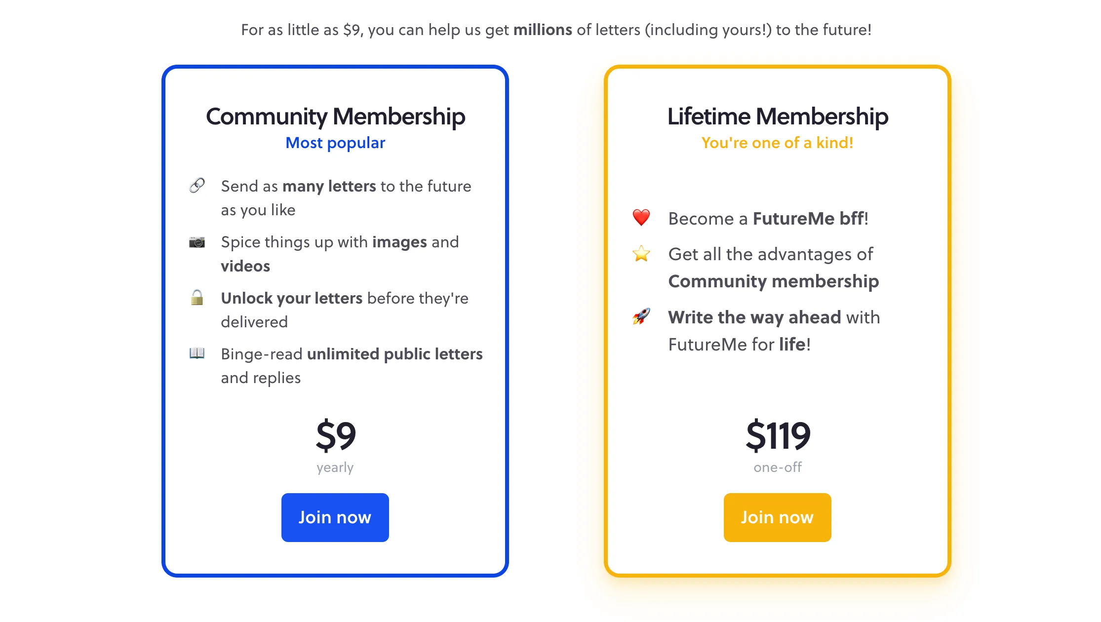 Các gói đăng ký FutureMe Premium: Community và Lifetime với chi phí và quyền lợi.