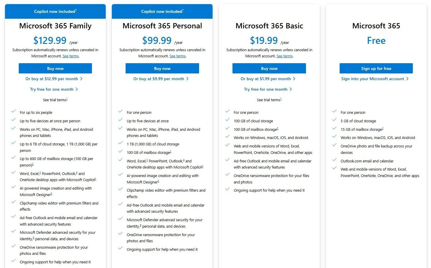 Các gói đăng ký Microsoft 365 bao gồm dung lượng OneDrive