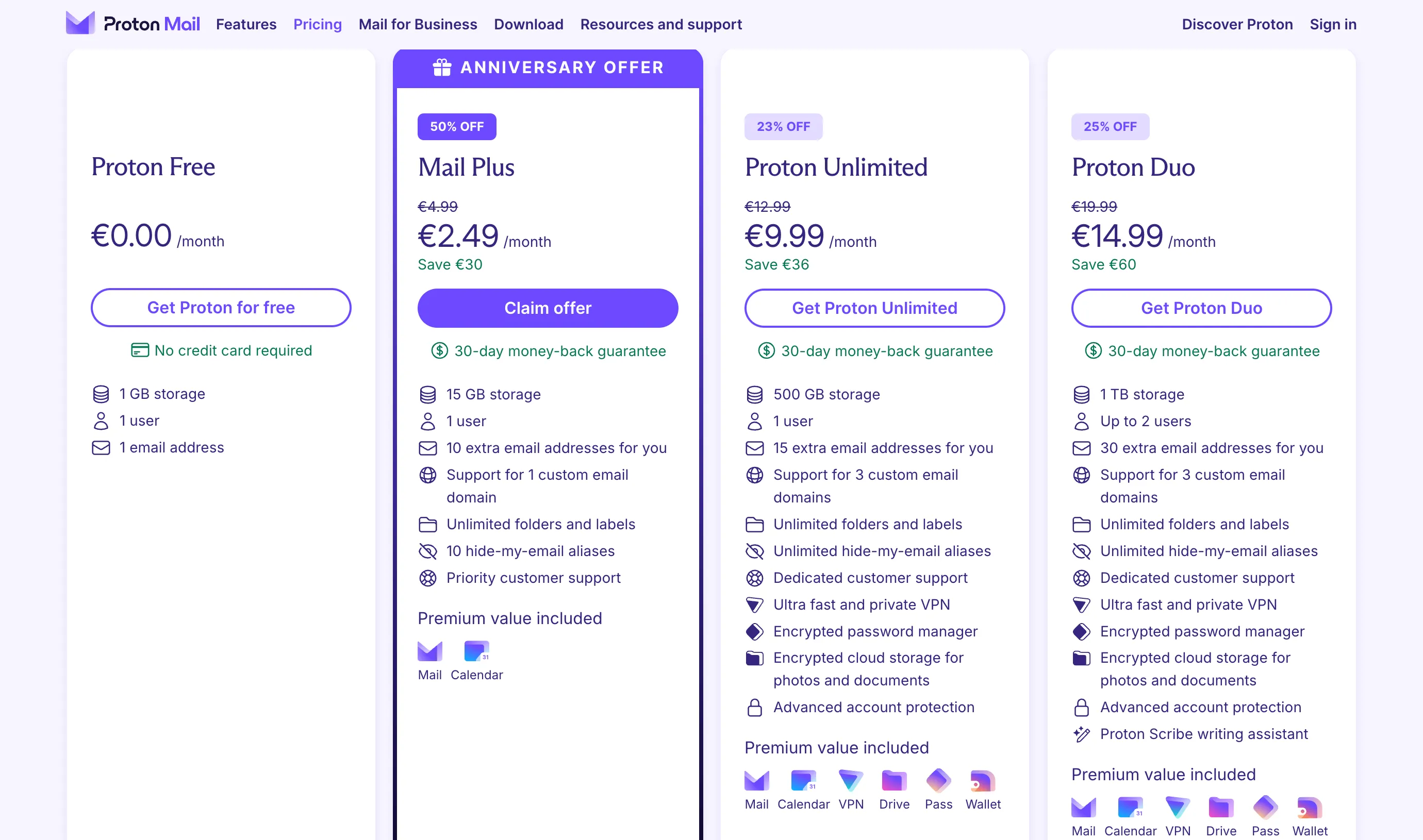 Các gói dịch vụ của ProtonMail bao gồm cả Proton VPN