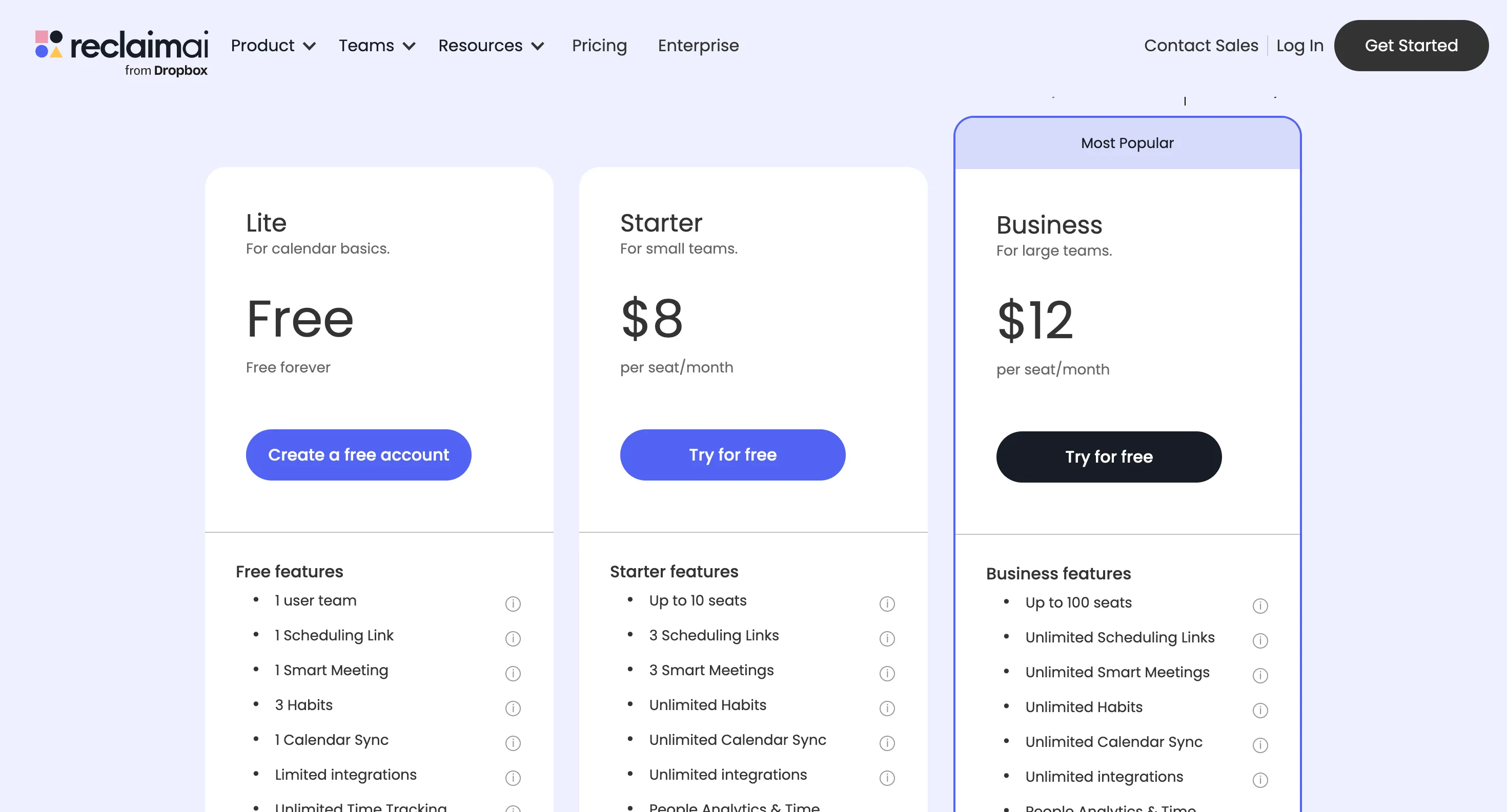 Các gói trả phí của Reclaim AI: Starter, Business và Enterprise
