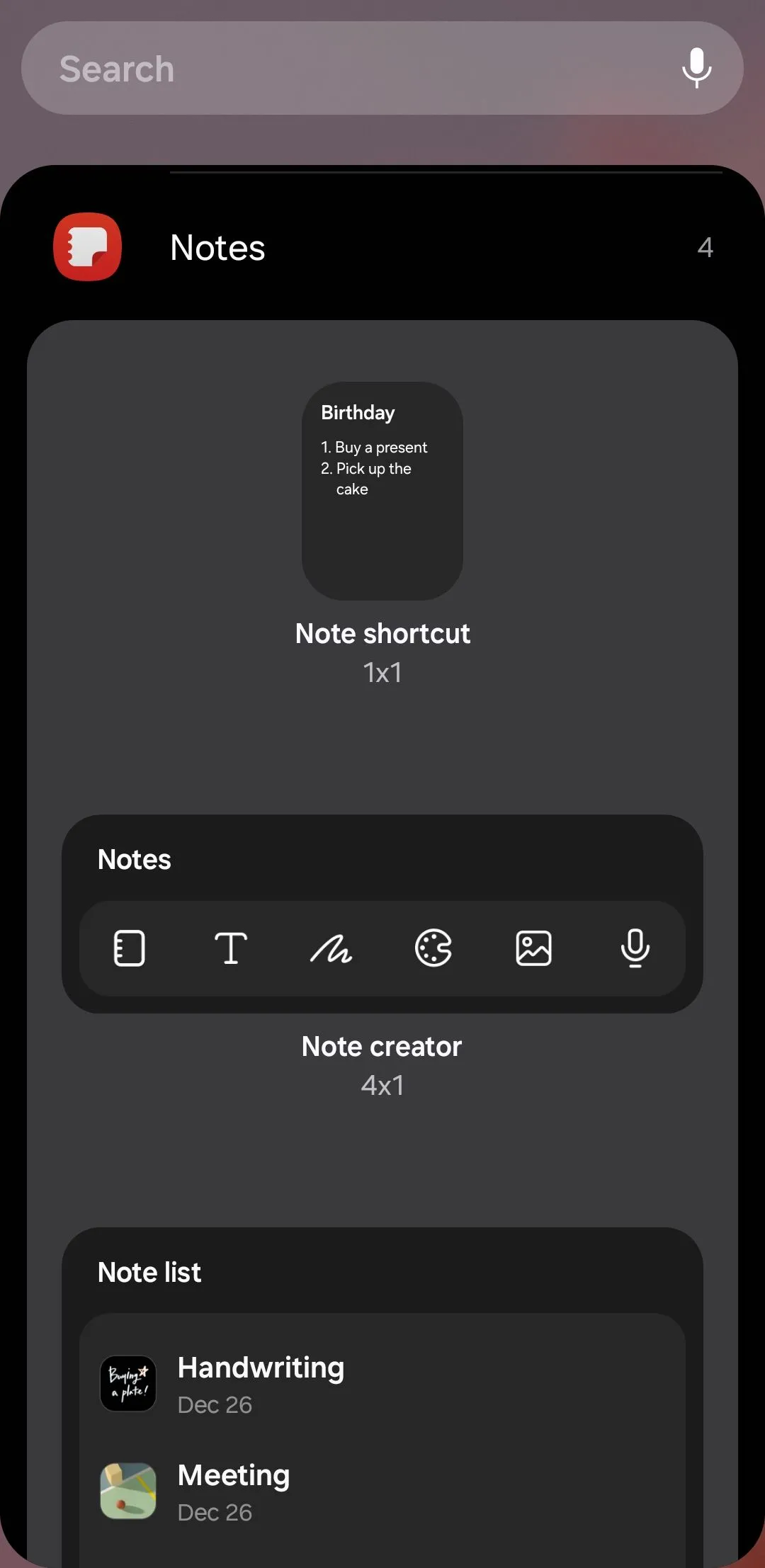 Các loại widget ứng dụng Samsung Notes trên điện thoại Galaxy, bao gồm tạo ghi chú nhanh và danh sách ghi chú
