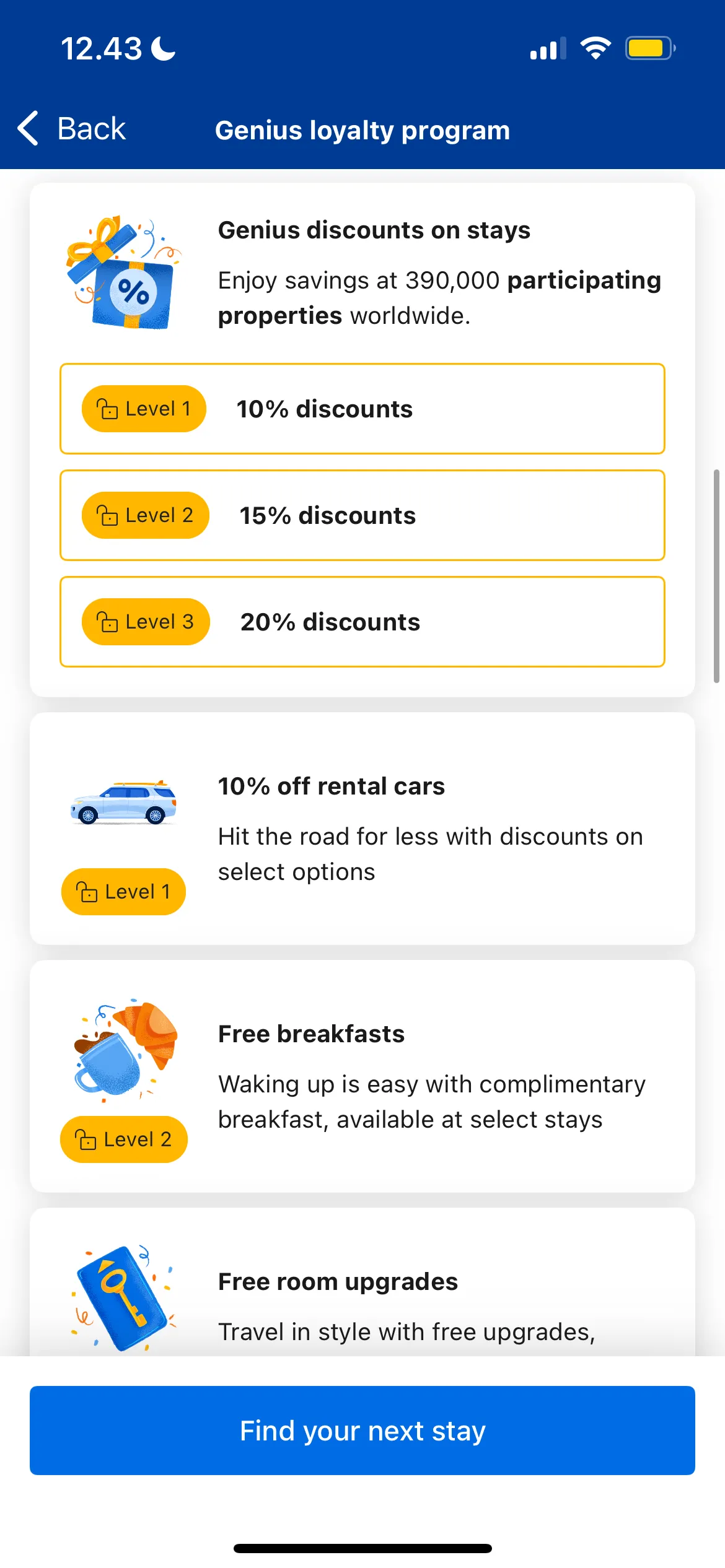 Các lợi ích khác nhau của chương trình khách hàng thân thiết Genius trong ứng dụng Booking.com.