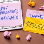 Các mật khẩu được viết trên giấy ghi chú gần bàn phím, minh họa tầm quan trọng của việc đổi mật khẩu mặc định để bảo mật thiết bị nhà thông minh.