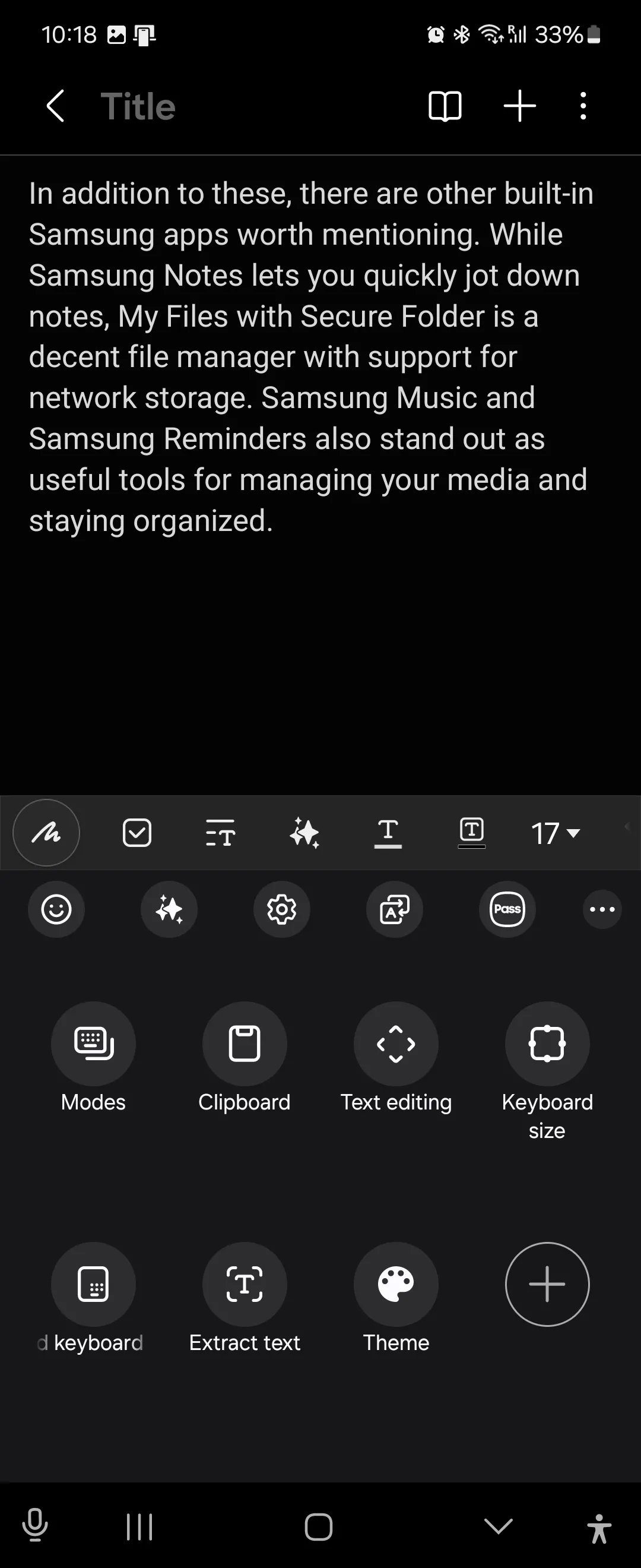 Các phím tắt tiện ích tích hợp trên bàn phím Samsung Keyboard khi đang dùng Samsung Notes, bao gồm Samsung Pass, dịch thuật và trích xuất văn bản.