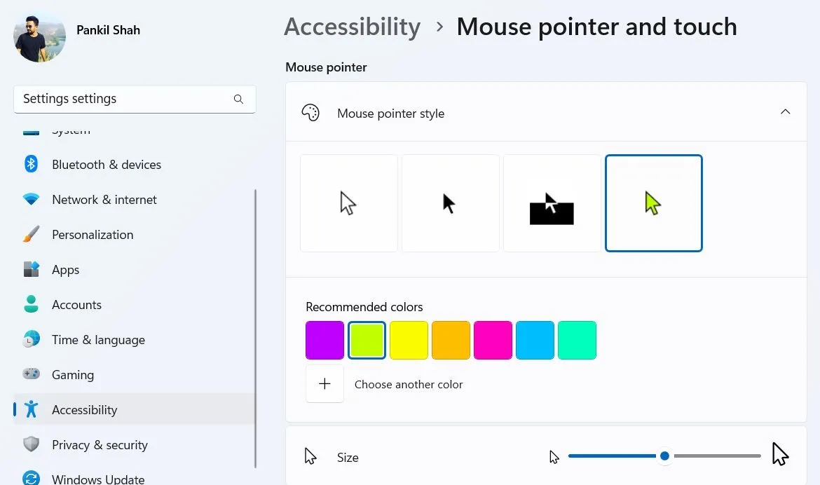 Các tùy chọn con trỏ chuột trong ứng dụng Cài đặt (Settings) của Windows 11