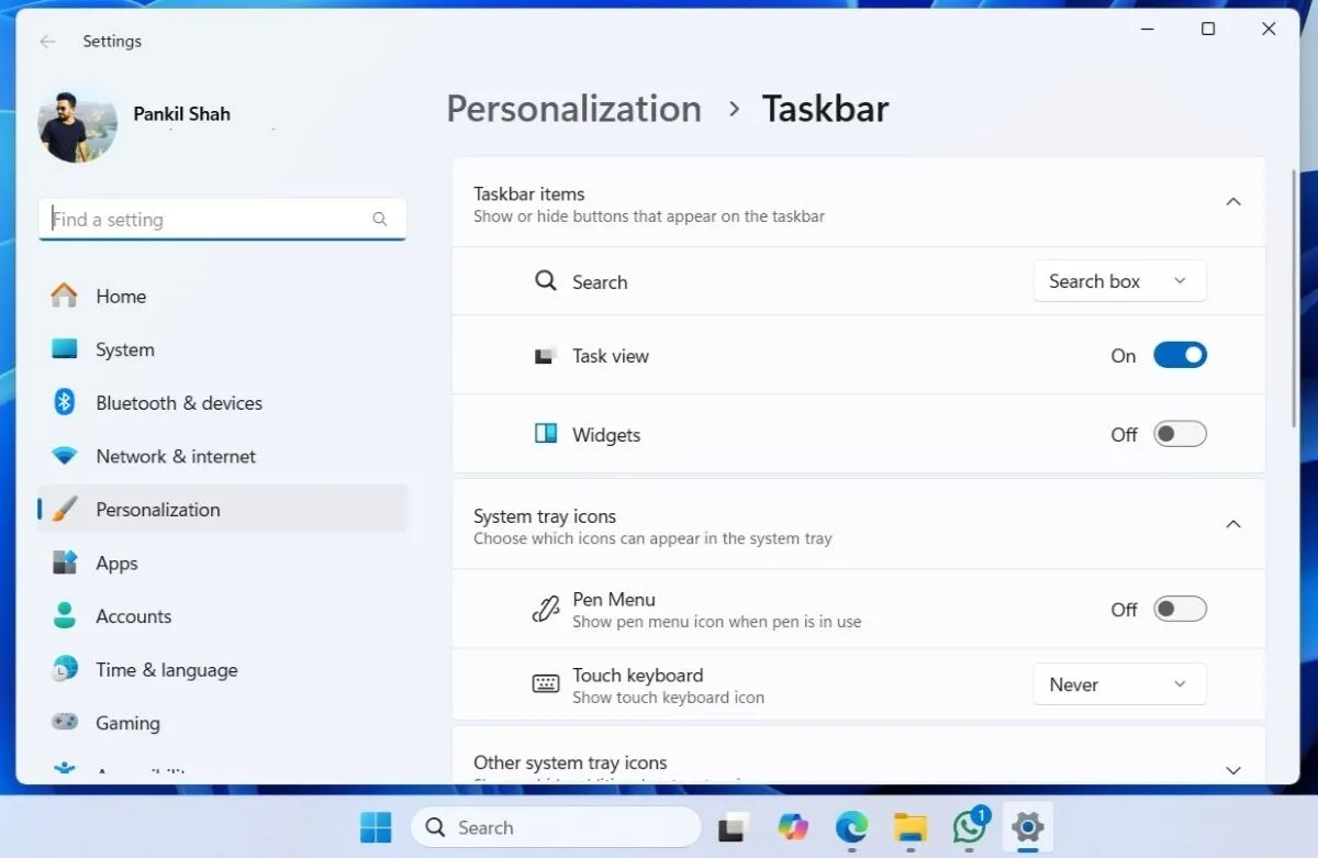 Các tùy chọn hạn chế của thanh Taskbar trong ứng dụng Settings Windows 11