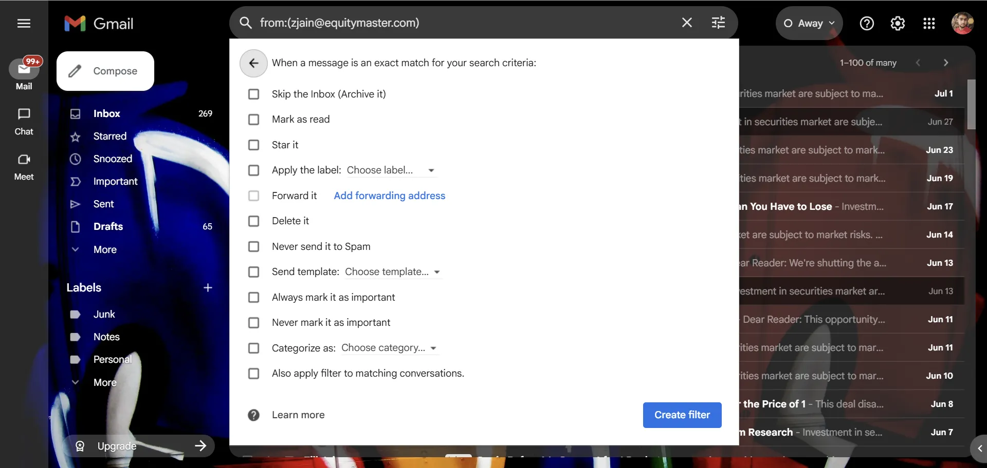 Các tùy chọn hành động khi thiết lập bộ lọc Gmail, bao gồm xóa email spam hoặc tự động di chuyển vào thư mục cụ thể