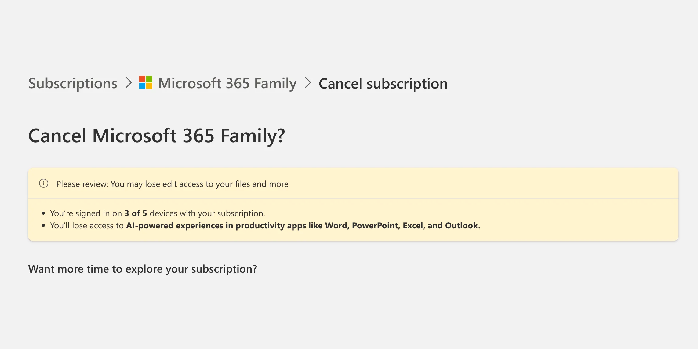 Các tùy chọn hủy đăng ký Microsoft 365, trước khi chuyển sang gói Classic