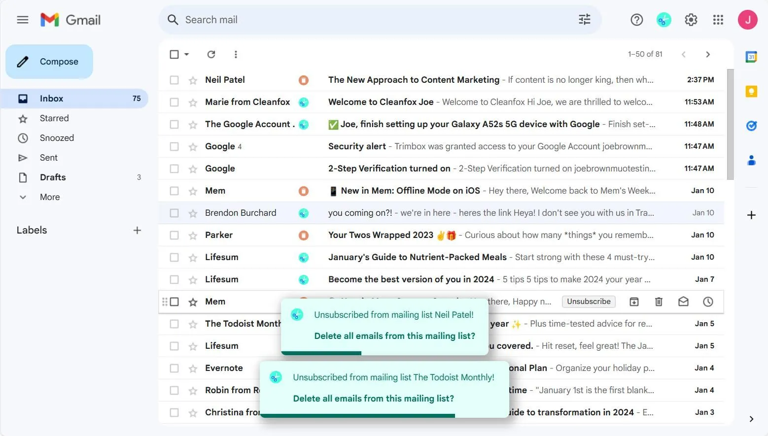 Các tùy chọn hủy đăng ký và xóa thư rác trong giao diện hộp thư đến gọn gàng của Gmail