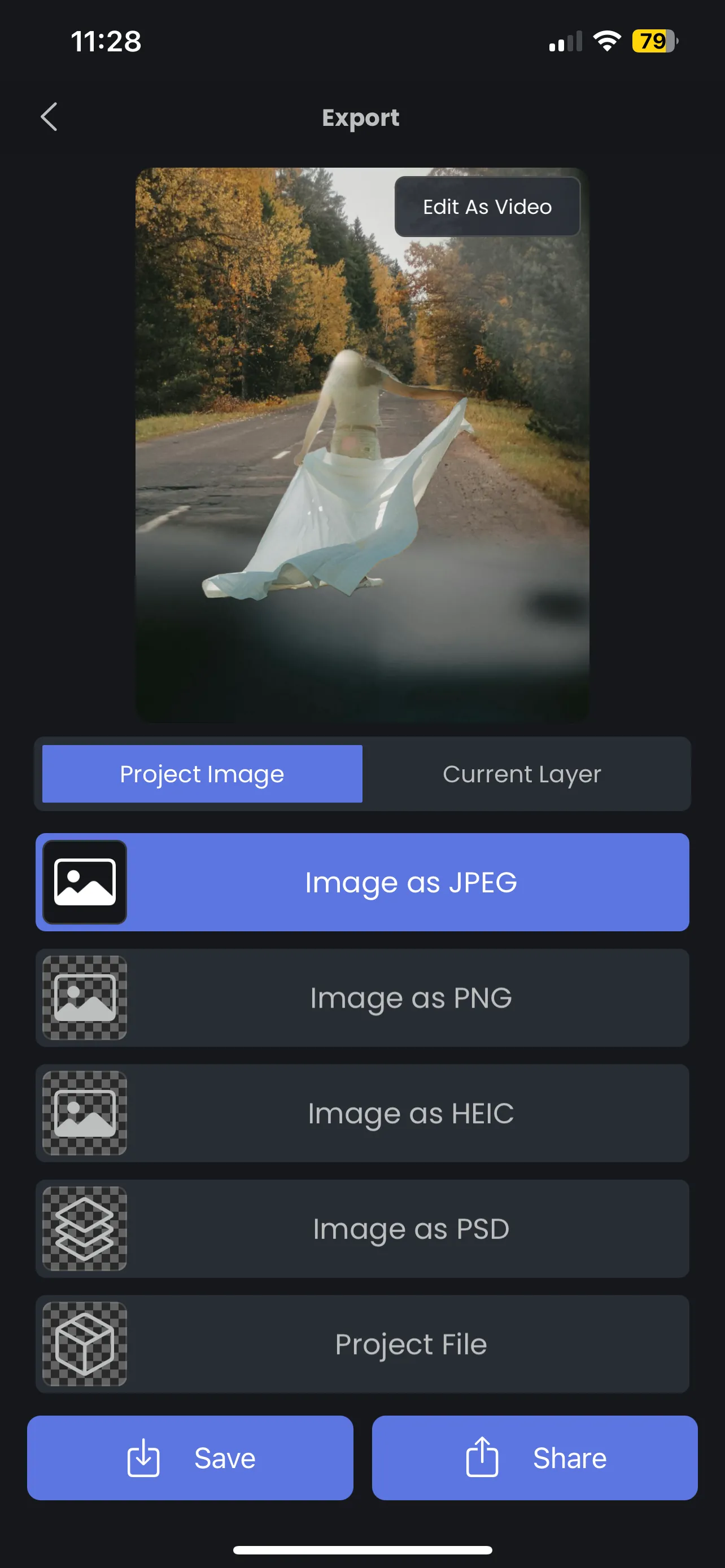 Các tùy chọn lưu ảnh đa dạng trong Superimpose X, hỗ trợ định dạng JPEG, PNG, HEIC, PSD