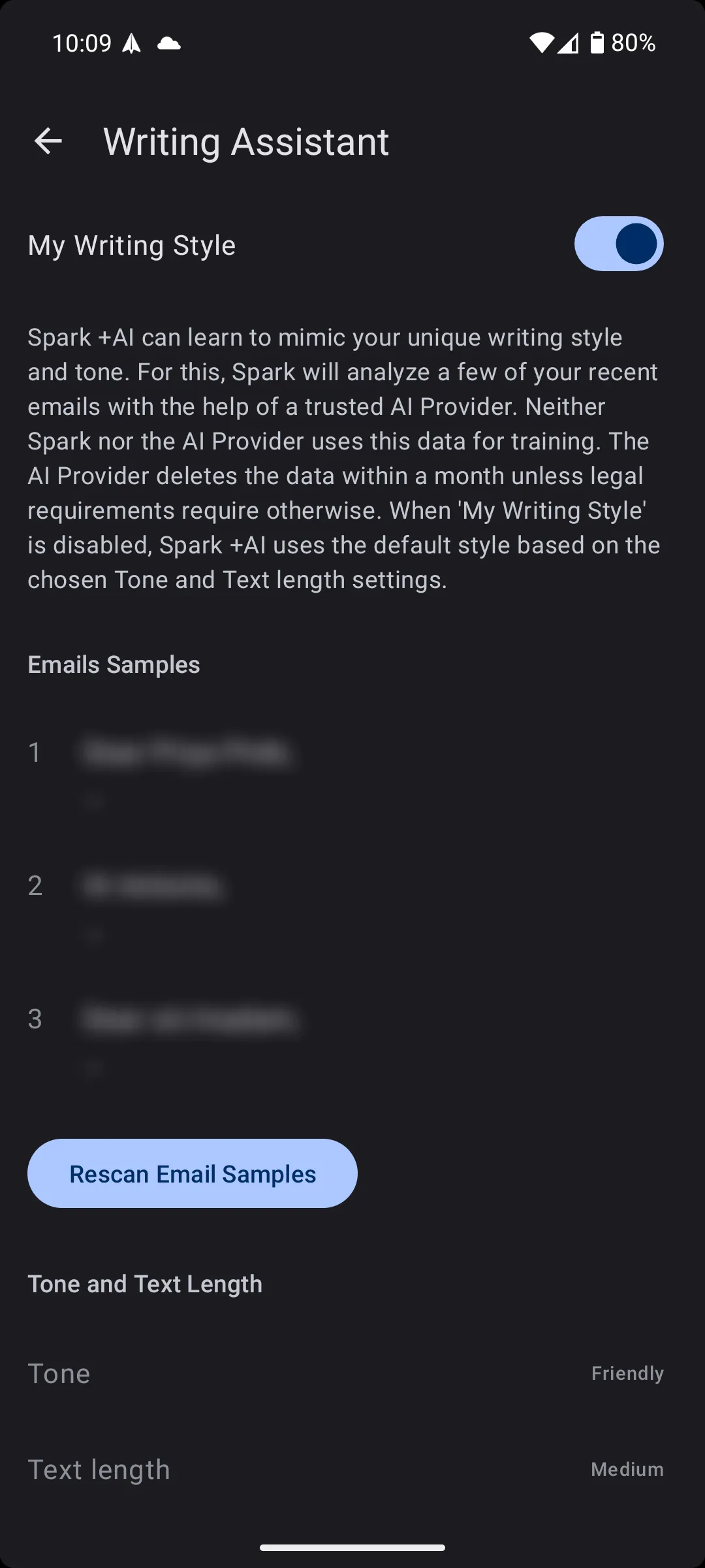 Các tùy chọn mẫu phong cách viết trong tính năng Compose with +AI của Spark Mail, giúp người dùng tạo email chuyên nghiệp.