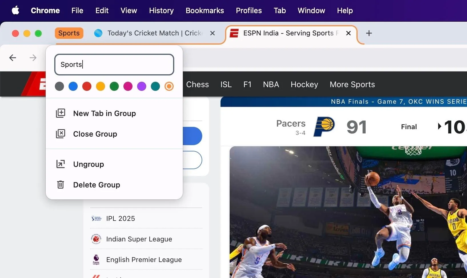 Các tùy chọn quản lý Nhóm Tab trong Chrome trên máy Mac.