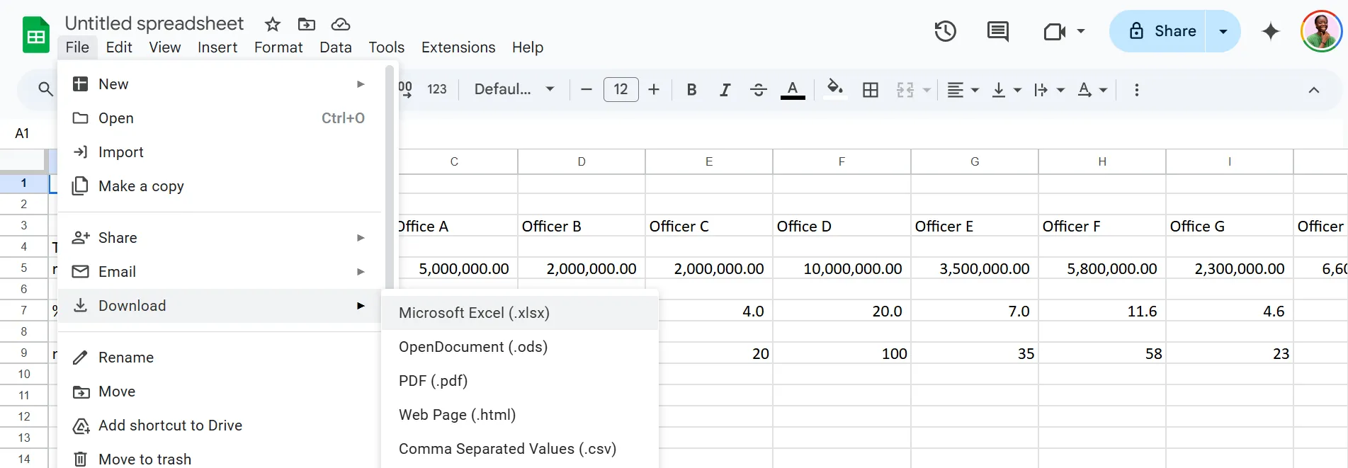 Các tùy chọn tải xuống file trong Google Sheets, bao gồm định dạng Excel (.xlsx) để dễ dàng di chuyển dữ liệu.