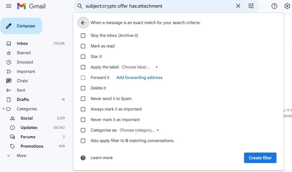 Các tùy chọn tạo bộ lọc và hành động tự động hóa email trong Gmail