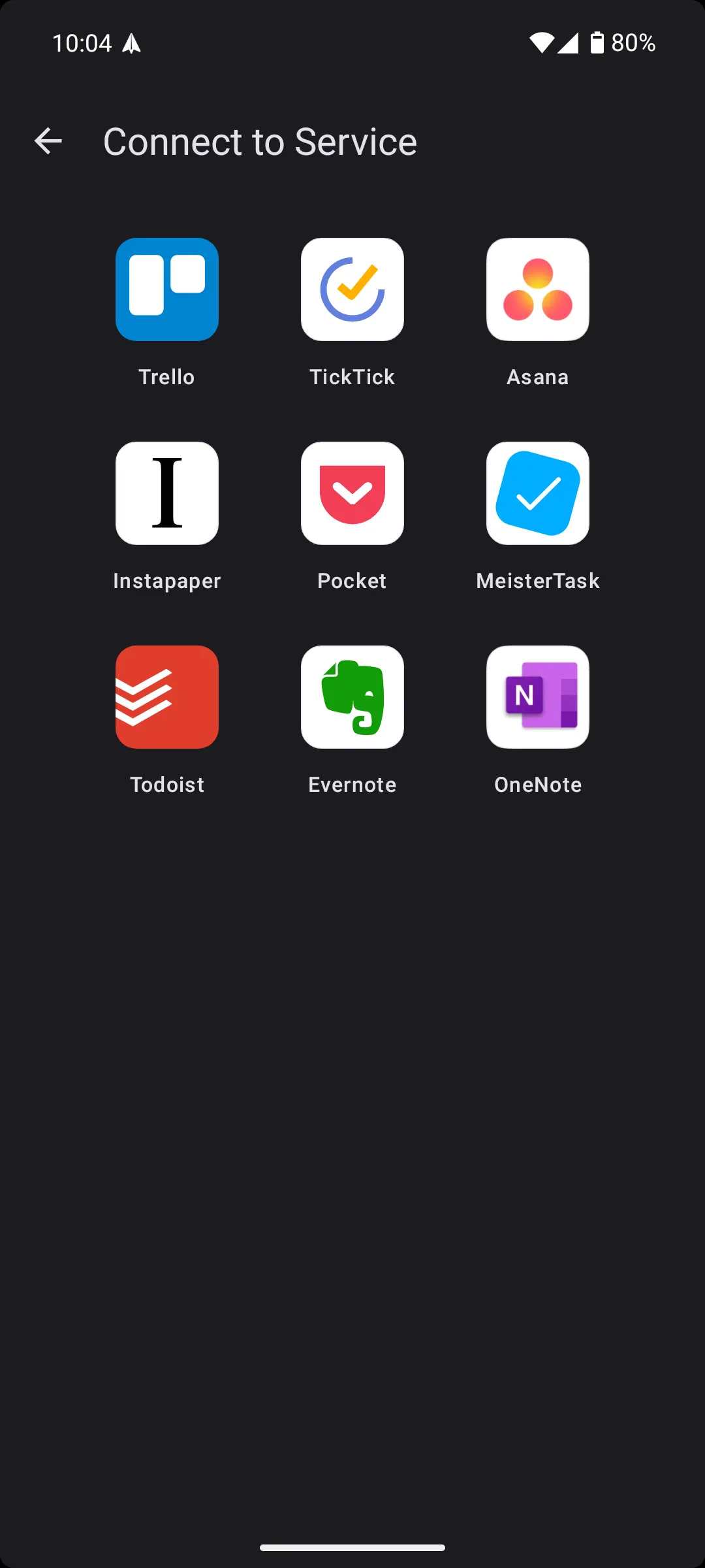 Các tùy chọn tích hợp dịch vụ bên thứ ba trong ứng dụng Spark Mail Android, giúp kết nối email với các công cụ quản lý công việc.