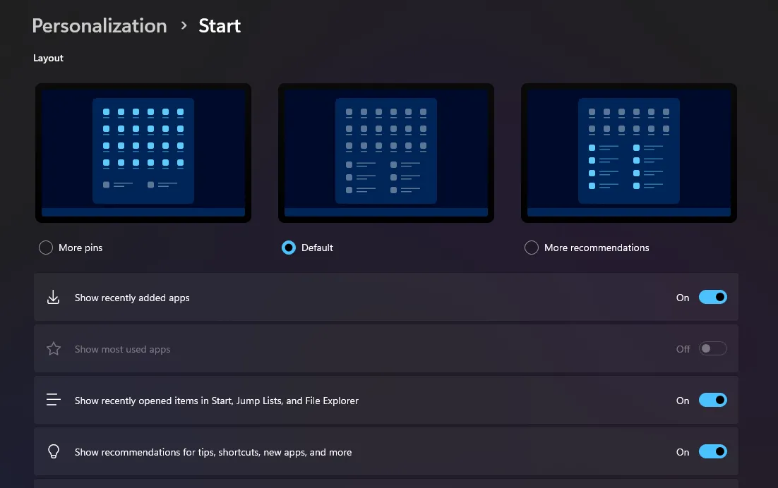 Các tùy chọn tùy chỉnh nâng cao cho Start Menu Windows 11 trong cài đặt Personalization