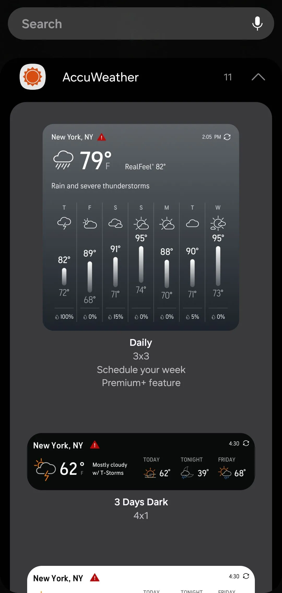 Các tùy chọn widget AccuWeather với nhiều kích thước và kiểu dáng khác nhau.