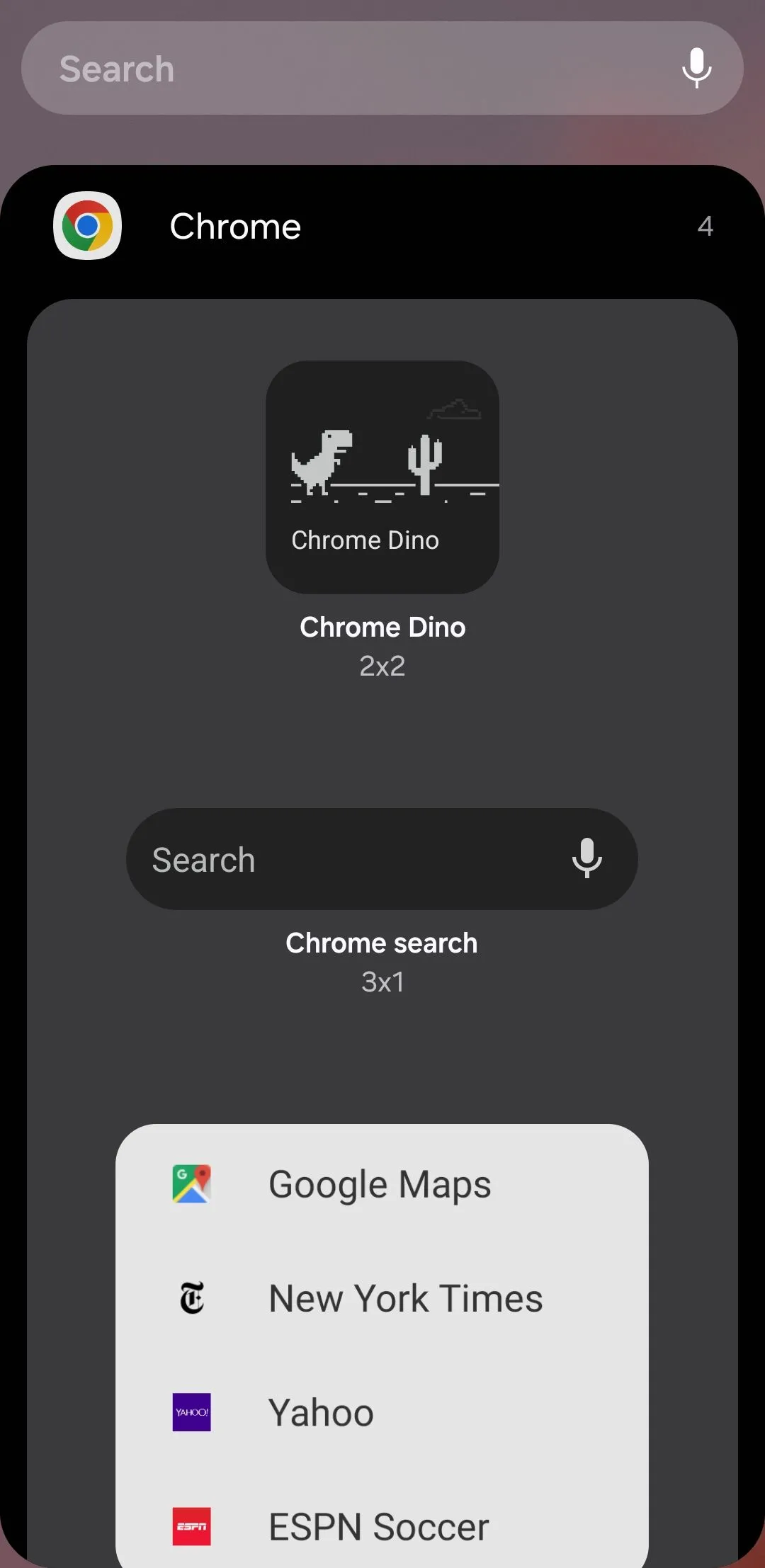 Các tùy chọn widget trình duyệt Google Chrome trên Android, gồm tìm kiếm, duyệt ẩn danh và trò chơi khủng long