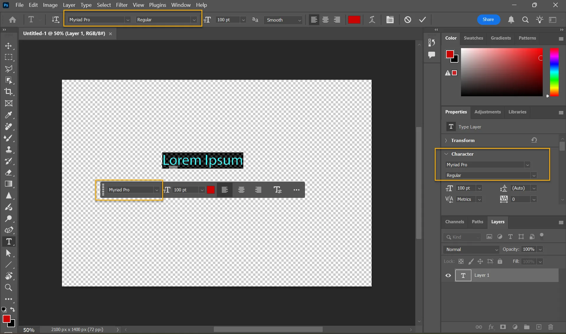 Các vị trí truy cập tính năng Font Browser trong Adobe Photoshop, bao gồm thanh tùy chọn, thanh tác vụ ngữ cảnh và bảng thuộc tính