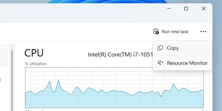 Cách mở Resource Monitor từ tab Performance của Task Manager trên Windows.