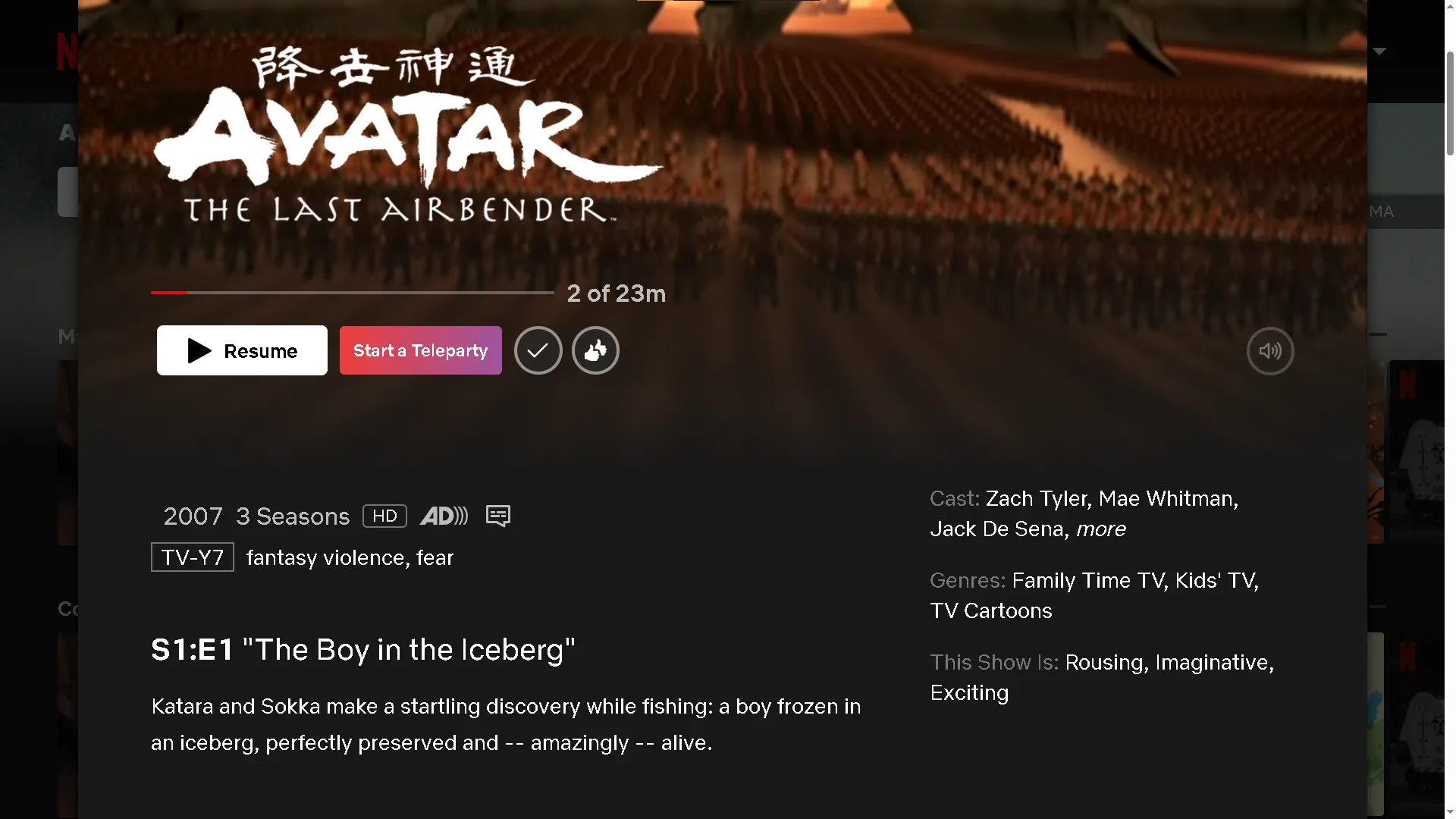 Cách thiết lập Teleparty trên Netflix để xem phim chung với bạn bè, hiển thị giao diện Netflix với bộ phim Avatar: The Last Airbender