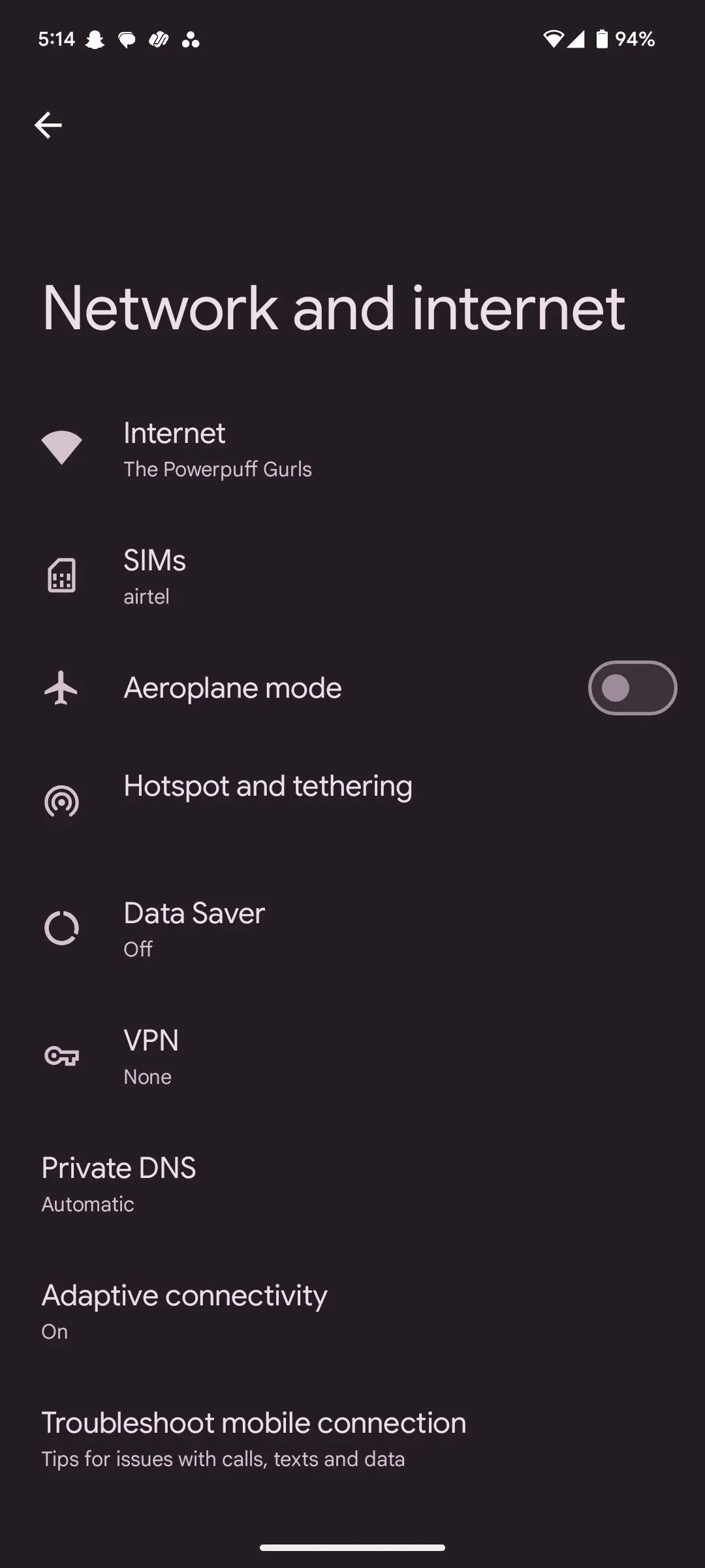Cài đặt Android hiển thị tùy chọn "Internet" để chia sẻ Wi-Fi.