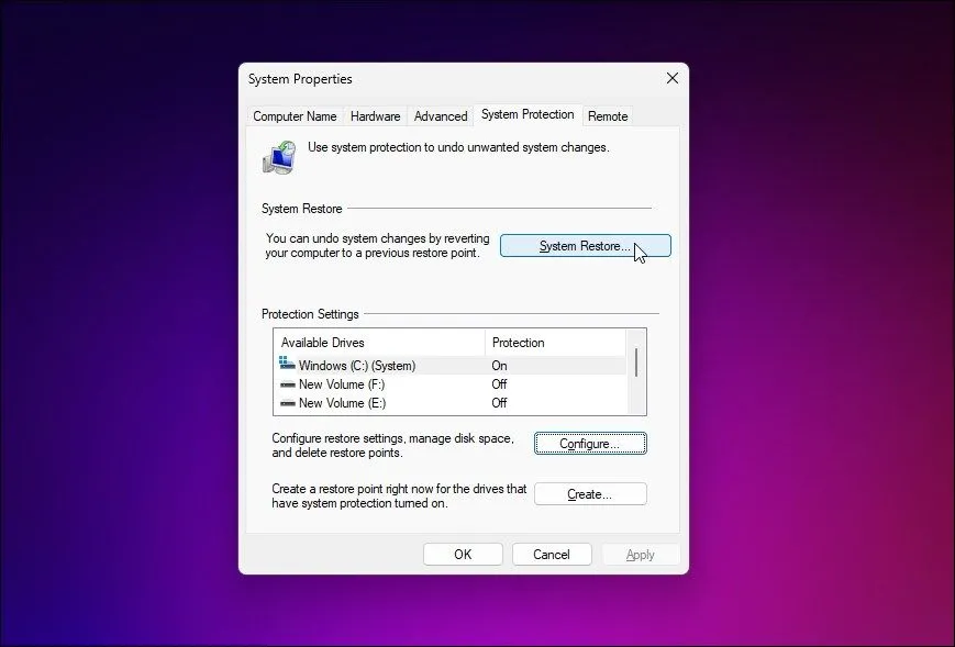 Cài đặt Bảo vệ Hệ thống trong thuộc tính hệ thống Windows