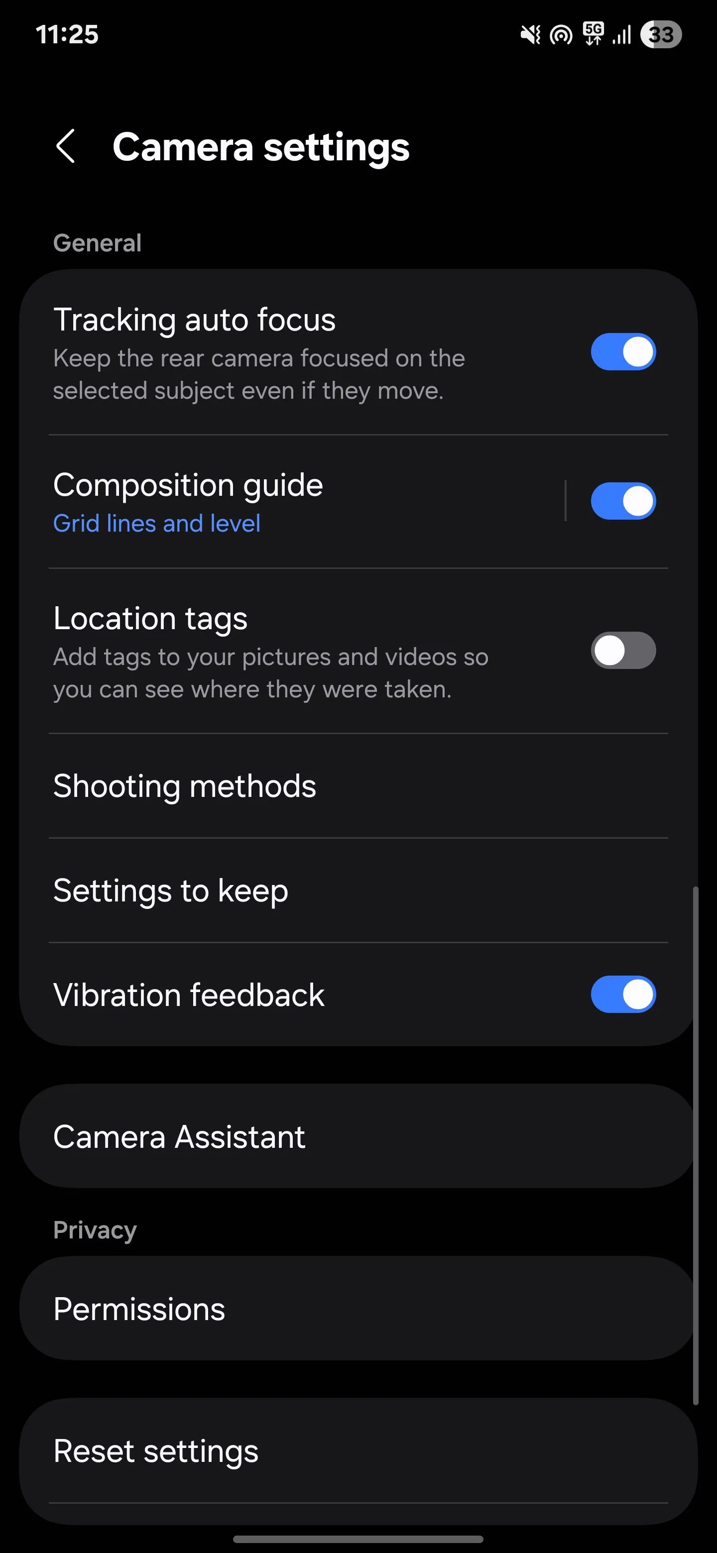 Cài đặt camera Samsung S25U với mục phương pháp chụp (Shooting methods) cho cử chỉ và giọng nói
