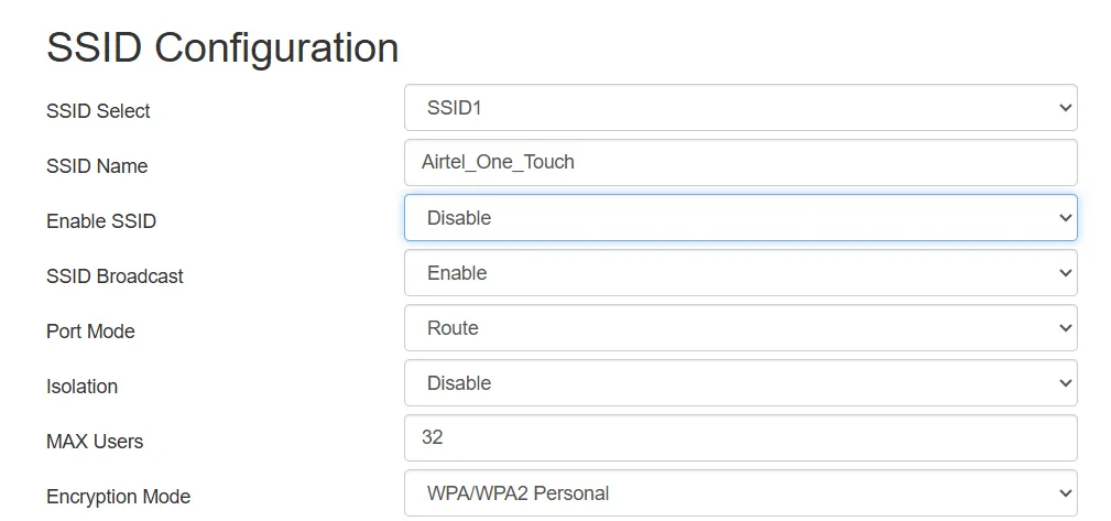 Cài đặt cấu hình SSID trong giao diện router với tùy chọn tắt phát sóng tên mạng Wi-Fi (Disable SSID broadcasting) được chọn để ẩn mạng.