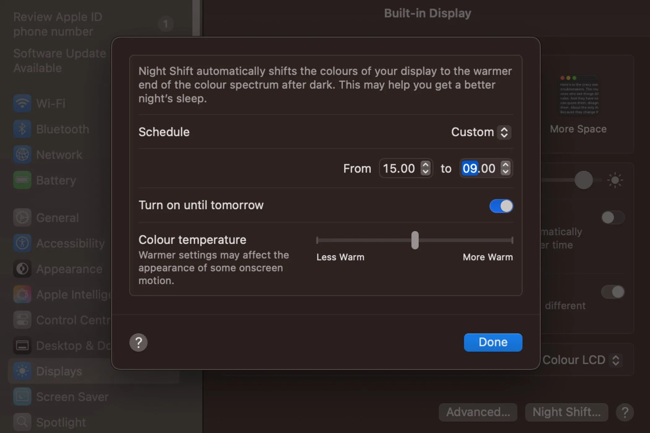 Cài đặt chế độ Night Shift trên máy Mac giúp giảm ánh sáng xanh vào buổi tối
