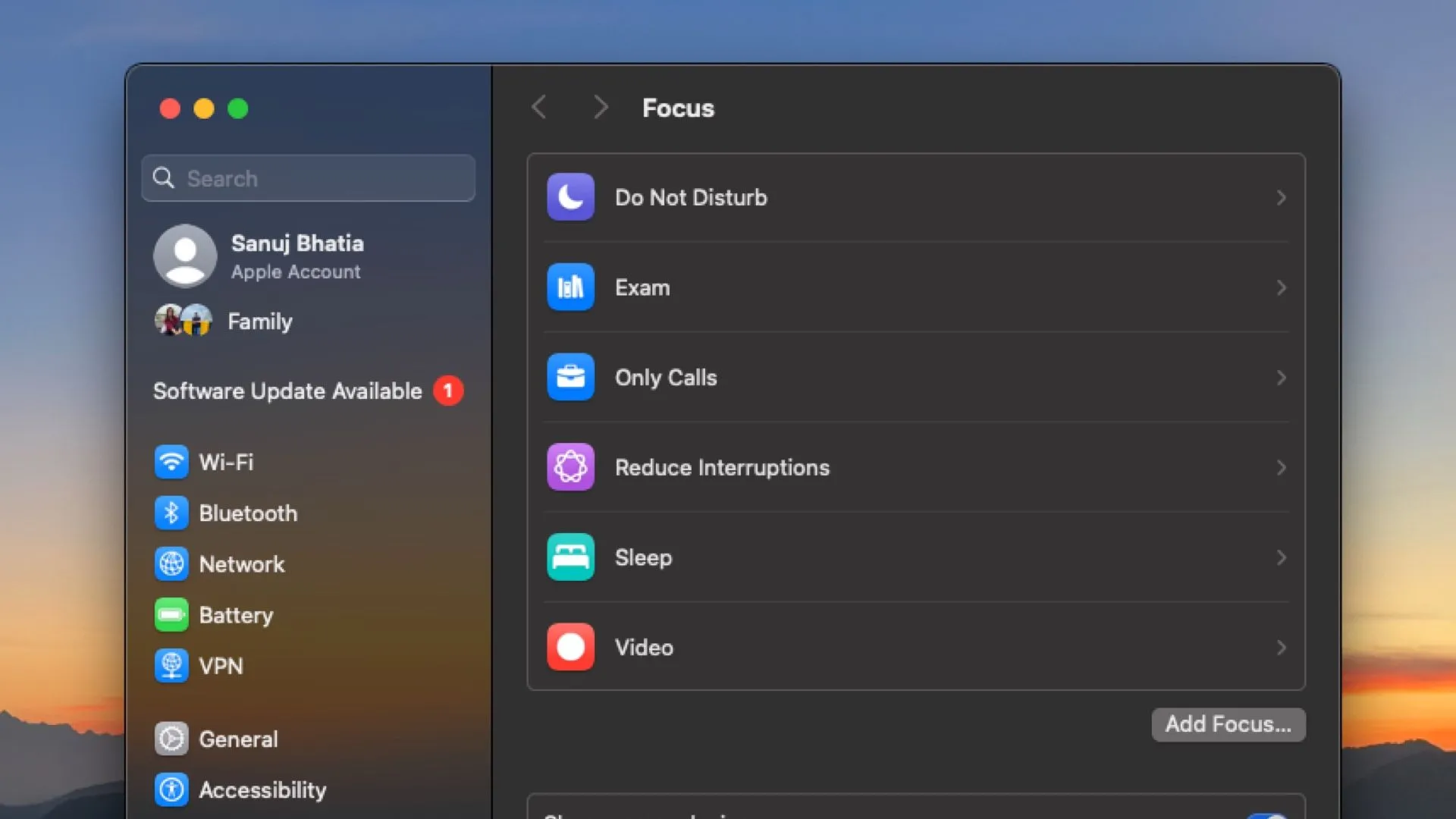 Cài đặt chế độ Tập trung trên macOS hiển thị các tùy chọn tùy chỉnh.